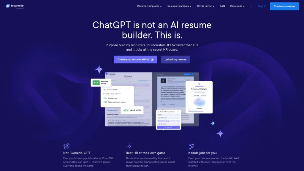 Resume.io AI resume builder page with the headline ChatGPT is not an AI resume builder. This is.