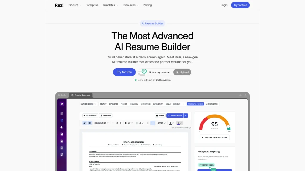 Rezi homepage showing its AI resume builder with an ATS score panel