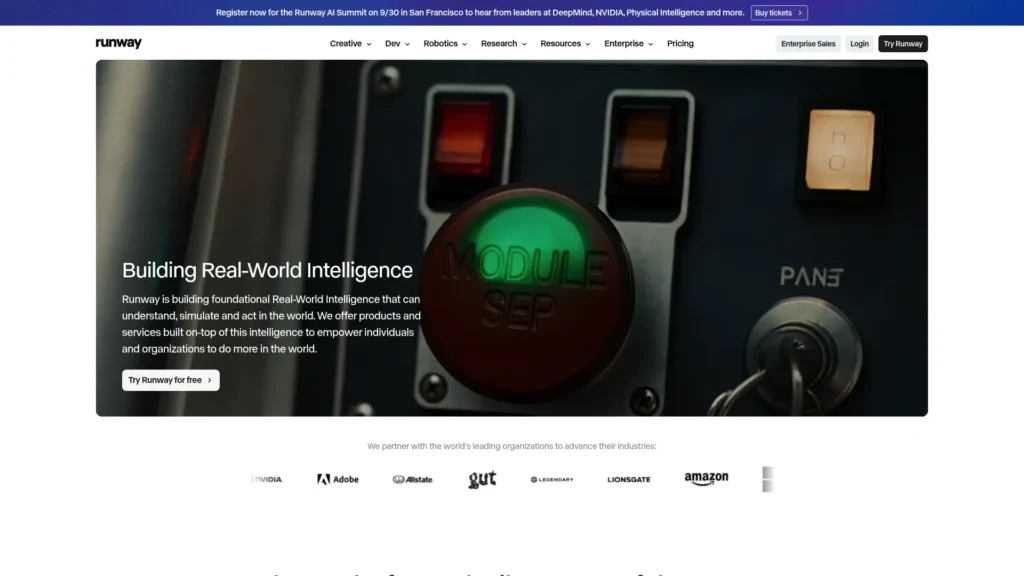 Runway homepage with the headline Building Real-World Intelligence