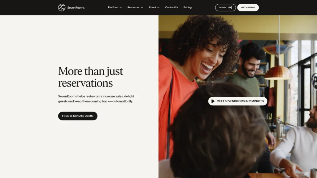SevenRooms homepage with the headline More than just reservations