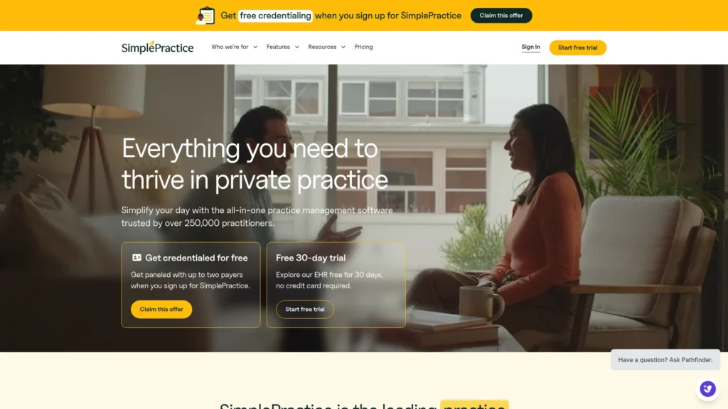 SimplePractice homepage with the headline Everything you need to thrive in private practice