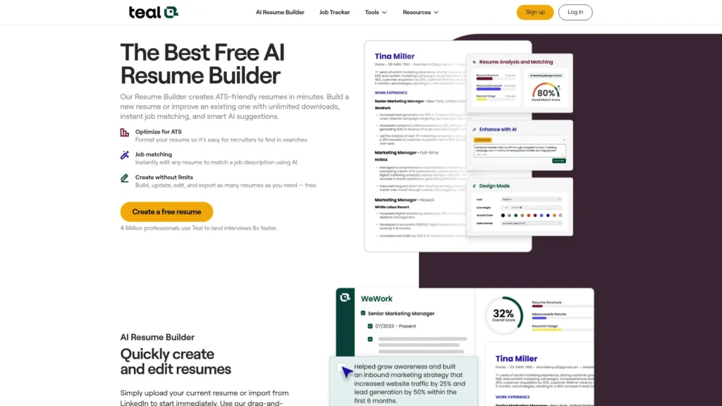 Teal homepage with the headline The Best Free AI Resume Builder