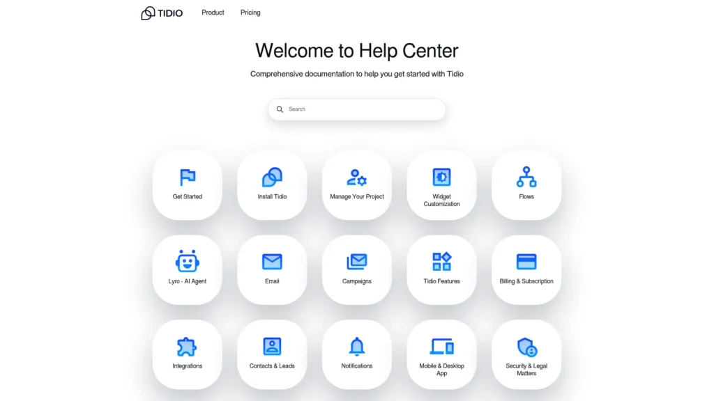 Tidio Help Center welcome page with topic icons