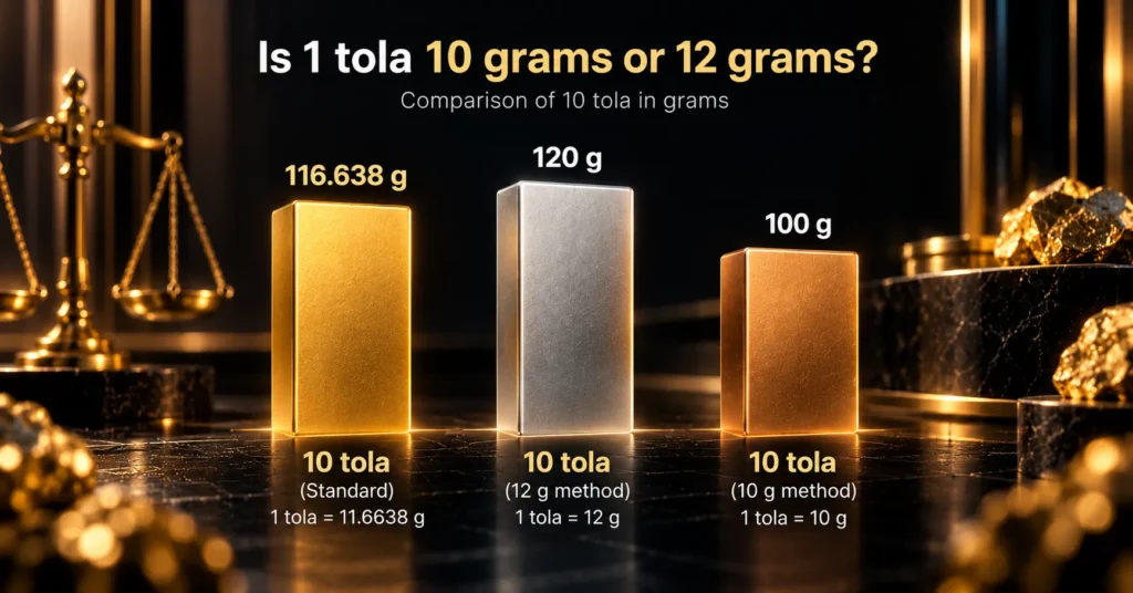 Comparison of 10 tola in grams using the standard 11.6638 g tola, a 12 g tola and a 10 g rounding
