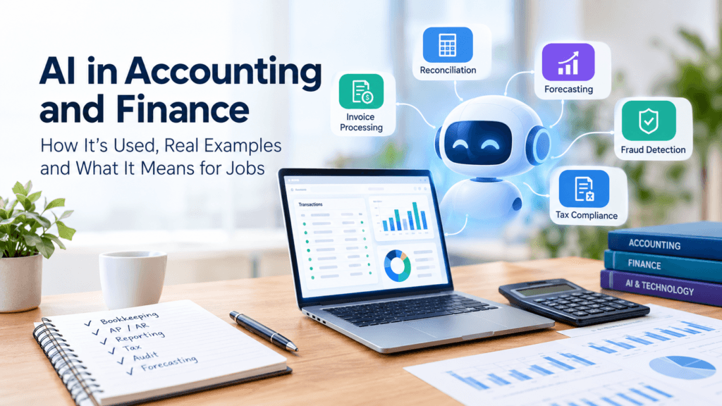 AI in accounting and finance, showing a financial analytics dashboard and AI assistant for invoice processing, reconciliation, forecasting, fraud detection, and tax compliance.