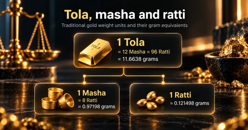 Chart showing 1 tola equals 12 masha and 96 ratti with gram equivalents