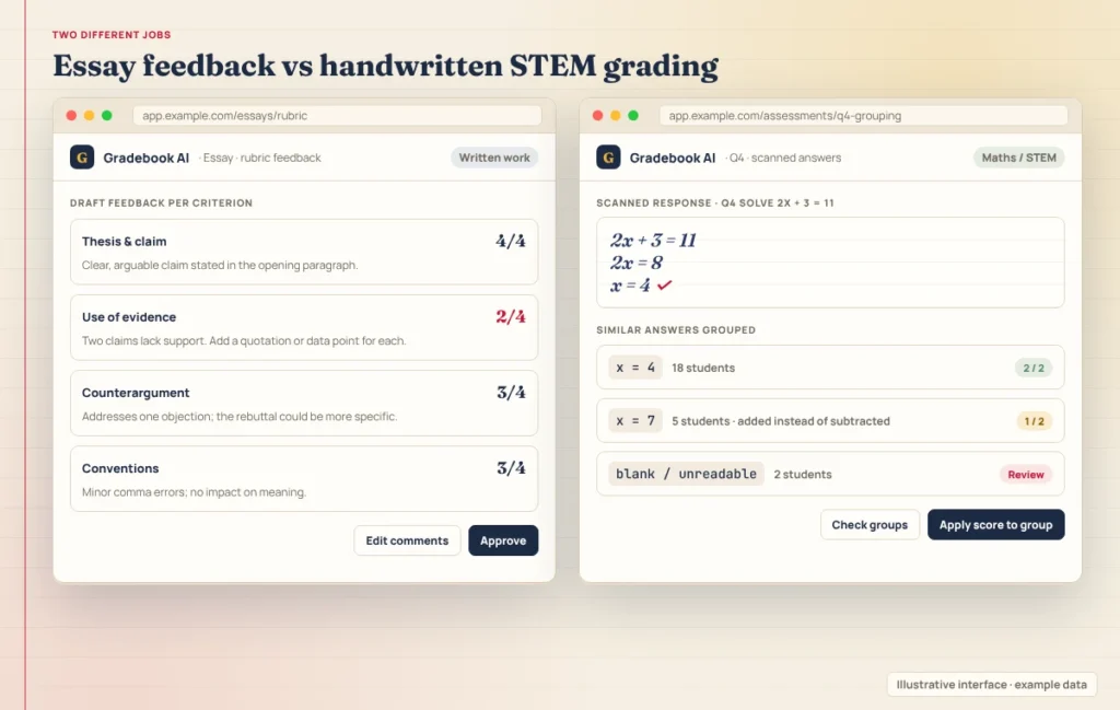 Comparison of rubric feedback on an essay with grouped scoring of handwritten maths answers