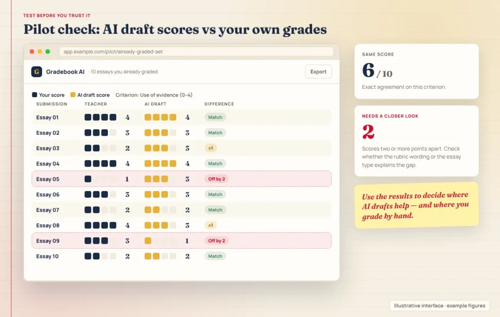 Example comparison of a teacher’s scores with AI draft scores on 10 essays the teacher has already graded