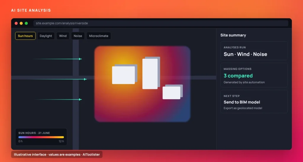 Illustrated AI site analysis screen showing a sun-hours heat map, wind direction arrows and building massing, with options to compare and send to a BIM model