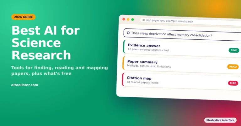 Illustrated research app screen showing an evidence answer, a paper summary and a citation map, beside the title Best AI for Science Research