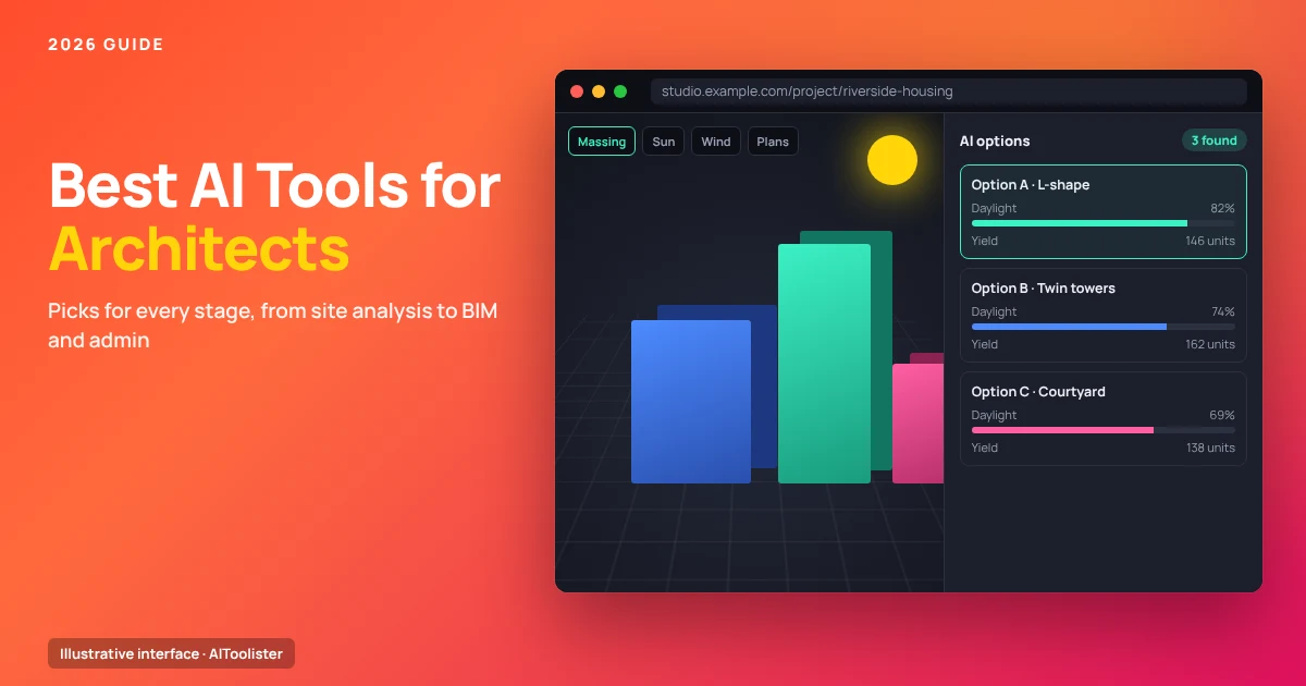 Best AI Tools for Architects title beside an illustrated design app comparing three AI-generated massing options by daylight and unit yield
