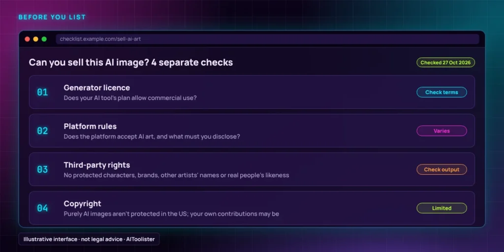 Four separate checks before selling AI art: generator licence, platform rules, third-party rights, and copyright ownership