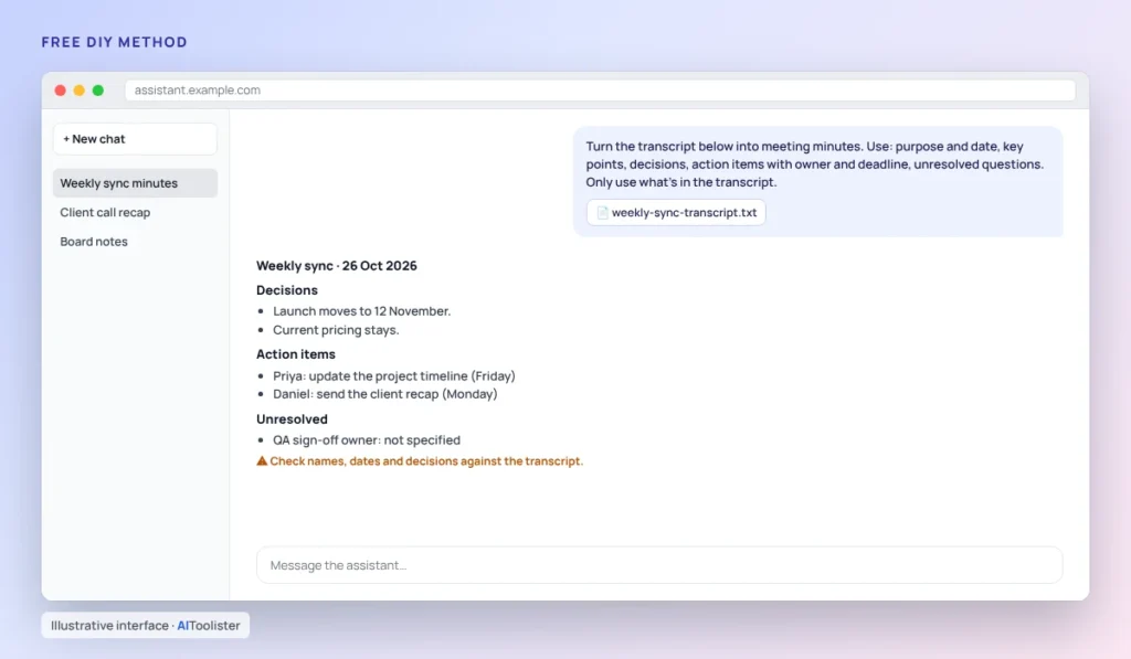 AI assistant chat turning an uploaded meeting transcript into minutes with decisions, action items with owners and deadlines, and unresolved questions