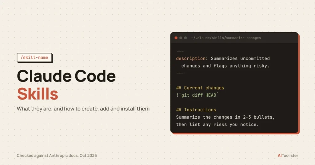 Claude Code Skills title beside an example SKILL.md file that summarizes uncommitted Git changes