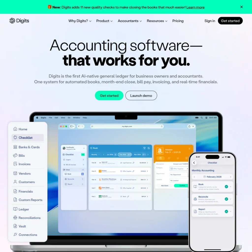 Digits homepage showing its accounting software on a laptop and phone