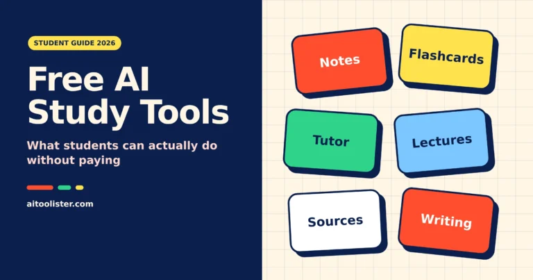 Free AI Study Tools title graphic with colored cards for notes, flashcards, tutoring, lectures, sources and writing