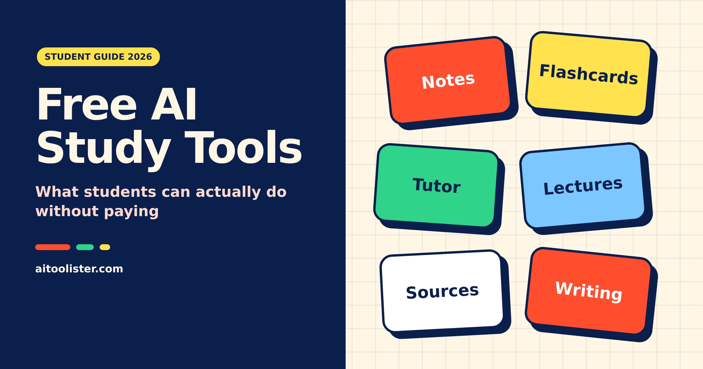 Free AI Study Tools title graphic with colored cards for notes, flashcards, tutoring, lectures, sources and writing