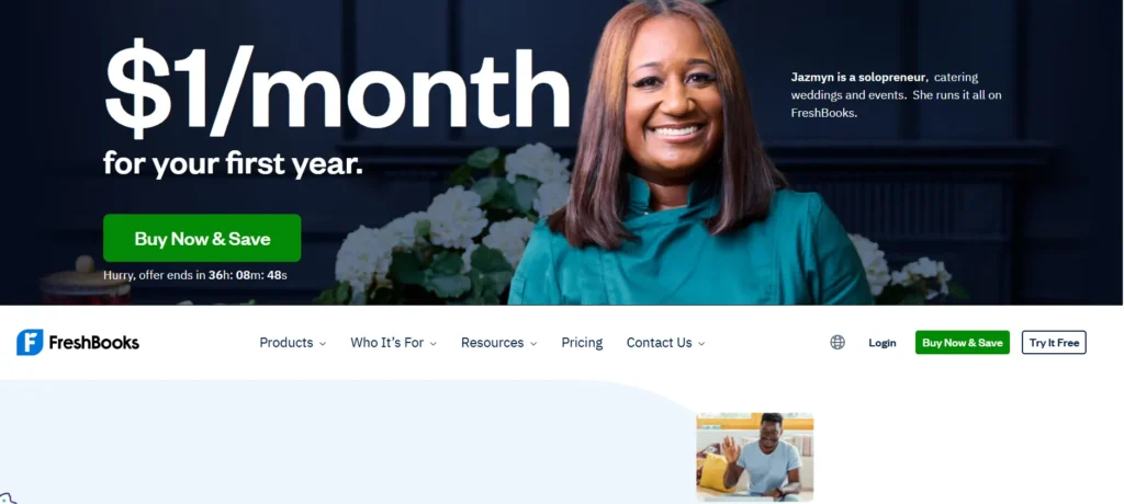FreshBooks homepage promoting a $1 per month offer for the first year