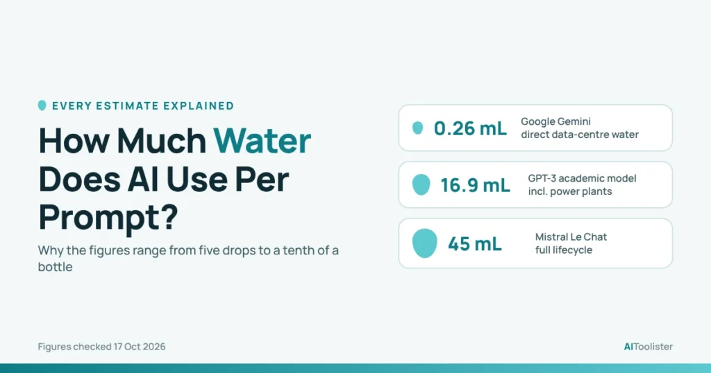 How much water does AI use per prompt: estimates of 0.26 mL from Google, 16.9 mL from a GPT-3 study and 45 mL from Mistral