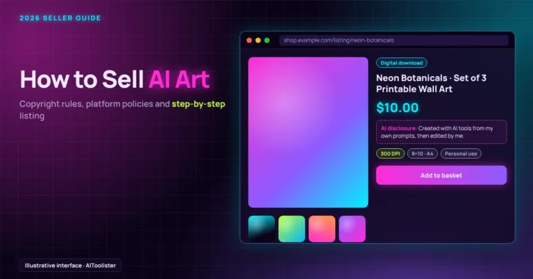 How to Sell AI Art title beside an illustrated online shop listing for a printable AI art set, with an AI disclosure note and a $10 price