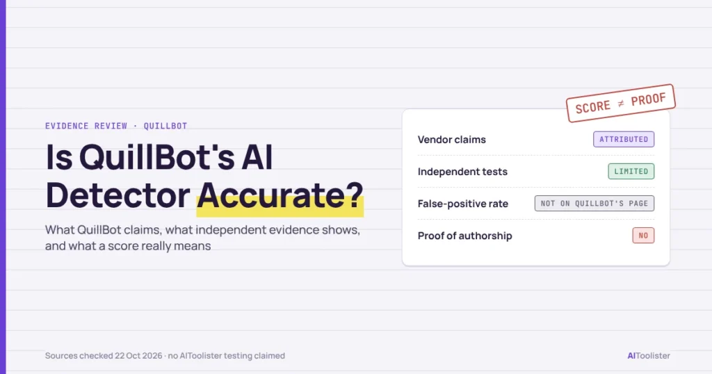 Is QuillBot's AI Detector Accurate title beside a checklist showing vendor claims attributed, independent tests limited, and a detector score is not proof of authorship