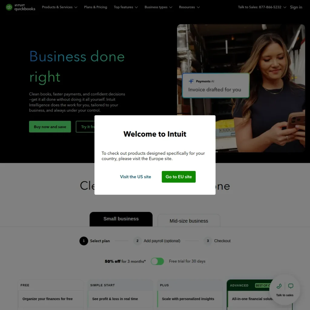 QuickBooks Online homepage with the Intuit welcome dialog open