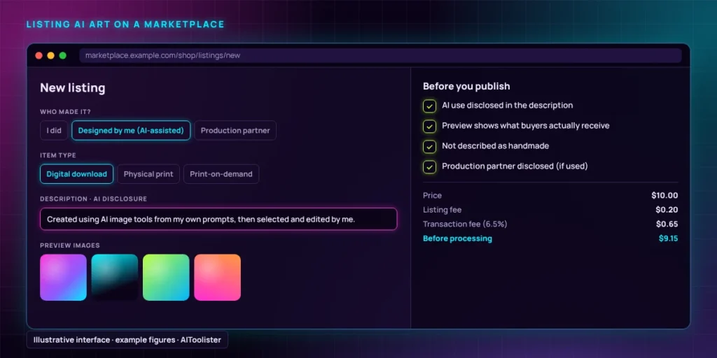 Illustrated marketplace listing form for AI art with an AI disclosure in the description, a pre-publish checklist and a fee breakdown on a $10 sale