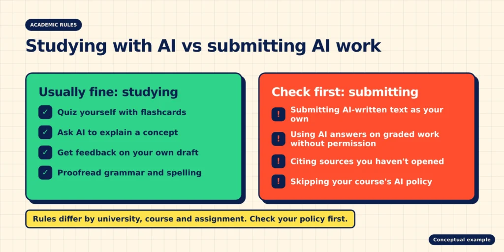 Comparison of studying with AI, such as quizzing yourself and getting feedback on your own draft, versus submitting AI-written work, which needs a policy check first