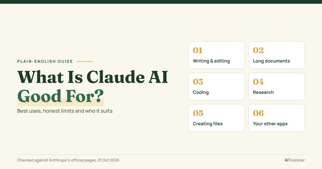 What Is Claude AI Good For title with six numbered uses: writing and editing, long documents, coding, research, creating files and your other apps