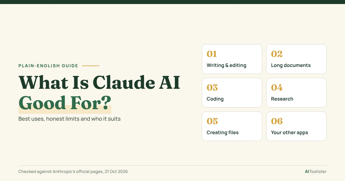 What Is Claude AI Good For title with six numbered uses: writing and editing, long documents, coding, research, creating files and your other apps