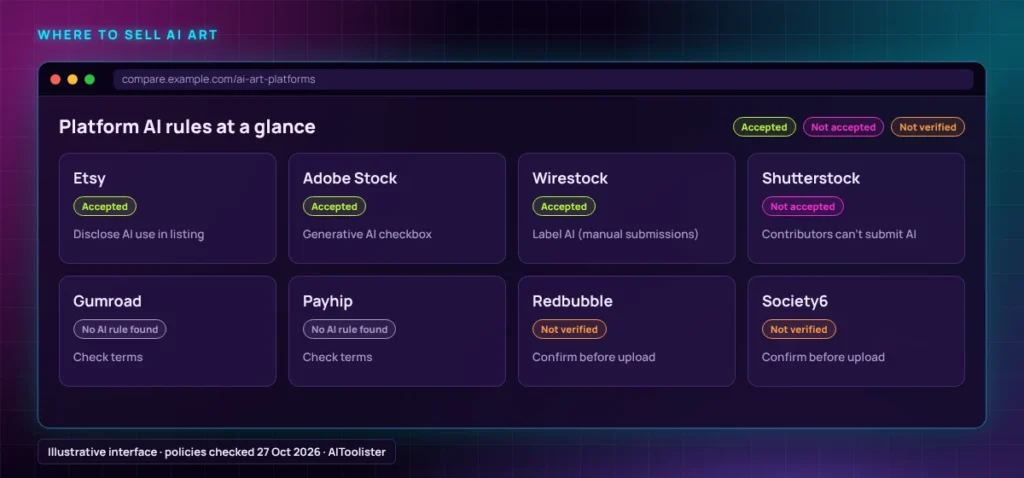 AI art platform rules at a glance: Etsy, Adobe Stock and Wirestock accept AI art, Shutterstock does not, Gumroad and Payhip have no AI rule found, Redbubble and Society6 not verified