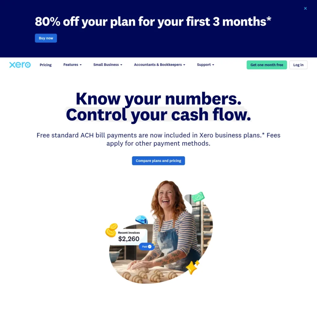 Xero homepage with the headline Know your numbers. Control your cash flow.