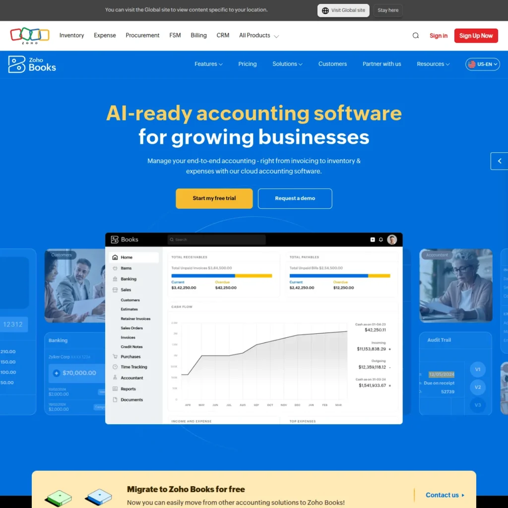 Zoho Books homepage with the headline AI-ready accounting software for growing businesses